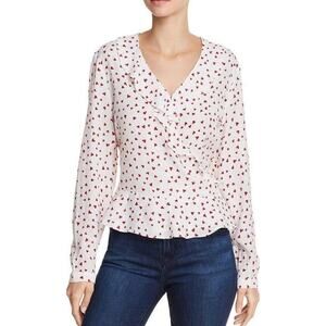 Rails L Blouse Wrap White & Red Heart Pattern Simone Blouse Top Ruffle Trim